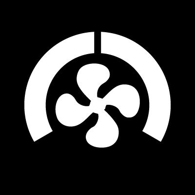 A white fan icon on a black background.