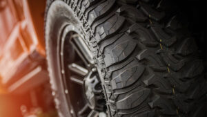 A close up of the tire on a truck